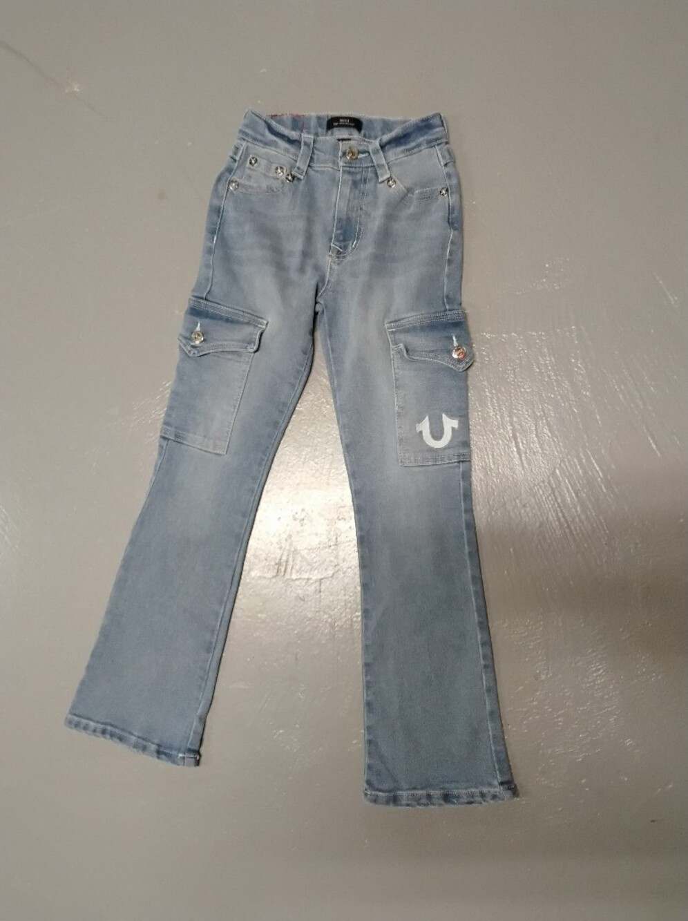 True Relegon BECCA Light Blue High Ries Boot Cut Cargo Jeans